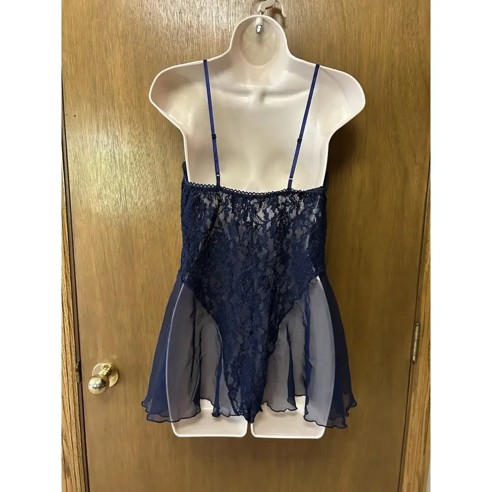 Vintage The Pleasure Company sz 1X Lingerie Teddy Bodysuit Lace Sheer NAVY E25